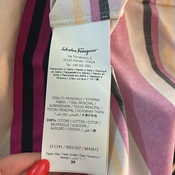 Salvatore Ferragamo 100% cotton Striped Multicolor bell sleeve belted Dress, S - Picture 12 of 13